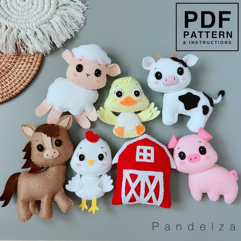 May include: A set of felt farm animal and barn patterns for sewing. The set includes a cow, pig, horse, chicken, duck, sheep, and a red barn. The patterns are in PDF format and include instructions.  PDF PATTERN & INSTRUCTIONS. Pandelza.