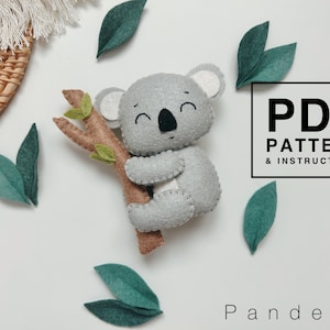 Koala felt sewing pattern and instruction. Easy hand sewing softy plush. DIY toy/ baby mobile/ decoration. Cute Australia animal.