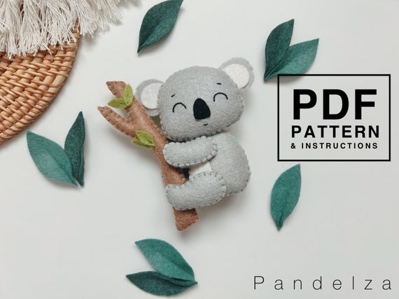 Koala felt sewing pattern and instruction. Easy hand sewing softy plush. DIY toy/ baby mobile/ decoration. Cute Australia animal.