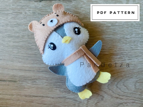 Penguin with bear hat PDF Pattern. DIY softy plushie felt toy/ doll/ animal. Easy pattern with tutorial. Baby mobile toys/ great gift.
