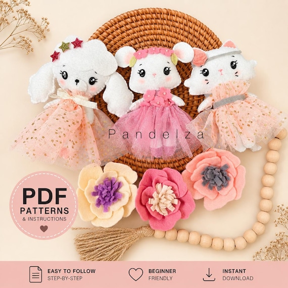 Ballerina Animal Felt PDF Patterns. Stuffed Animal Patterns. Cute Plush Doll. Ballerina Pattern. DIY Felt Toys, Cat, Mouse, Poodle. DIY Gift