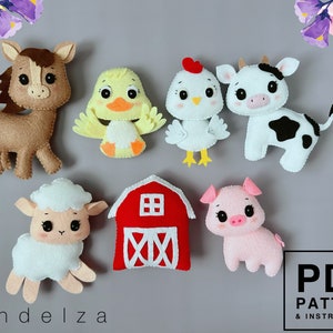 May include: A set of felt farm animal toys, including a horse, chick, hen, cow, sheep, pig, and a red barn. The toys are all hand-sewn and have cute, cartoon-like faces.  PDF PATTERN & INSTRUCTIONS