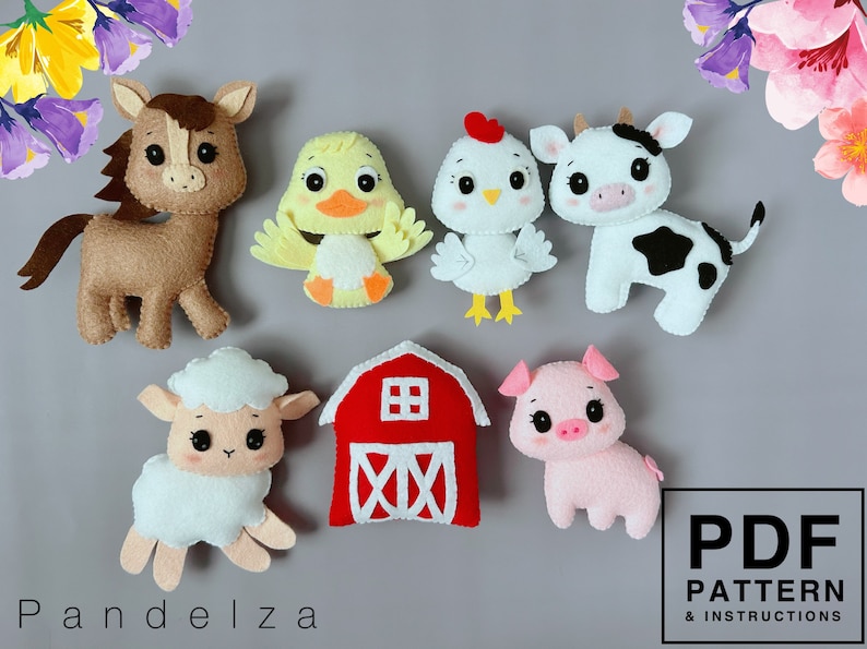 May include: A set of felt farm animal toys, including a horse, chick, hen, cow, sheep, pig, and a red barn. The toys are all hand-sewn and have cute, cartoon-like faces.  PDF PATTERN & INSTRUCTIONS