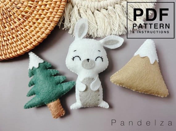 Felt Arctic Hare, Tree, Mountain Sewing Pattern (PDF). Stuffed Animal Pattern. Cute Bunny Plush. Felt Rabbit. Felt Animal. DIY Felt Toys.