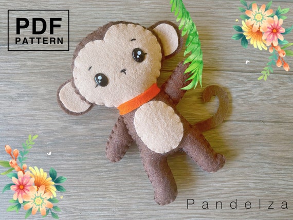 Monkey felt PDF Pattern. Easy hand sewing pattern. Jungle animal monkey softy plushie doll. DIY monkey for kid room or nursery.