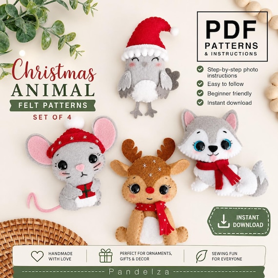 クリスマス動物フェルトオーナメント型紙4種セット。ぬいぐるみ型紙