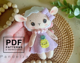 Sheep felt doll PDF Pattern. DIY felt toys doll plushie/ baby mobile/ nursery/ ornament. Hand sewing pattern. Farm animal pattern.