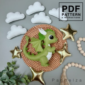 Dragon set felt PDF Pattern. Sewing Dragon animal, star, diamond, cloud. DIY felt toys, baby mobile, garland, nursery...Great DIY gift toy