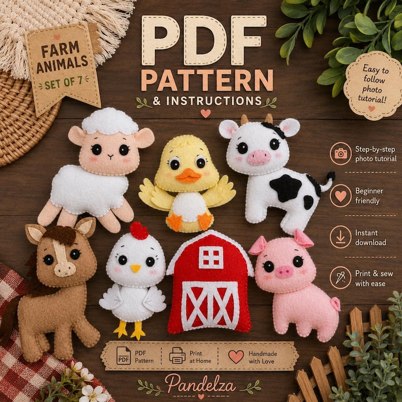 Felt Farm Animals Patterns Set of 7 (PDF). Stuffed Animal Patterns. Hand Sewing Patterns. Cute Plush Toys. DIY Felt Animals. DIY Gift. image 7