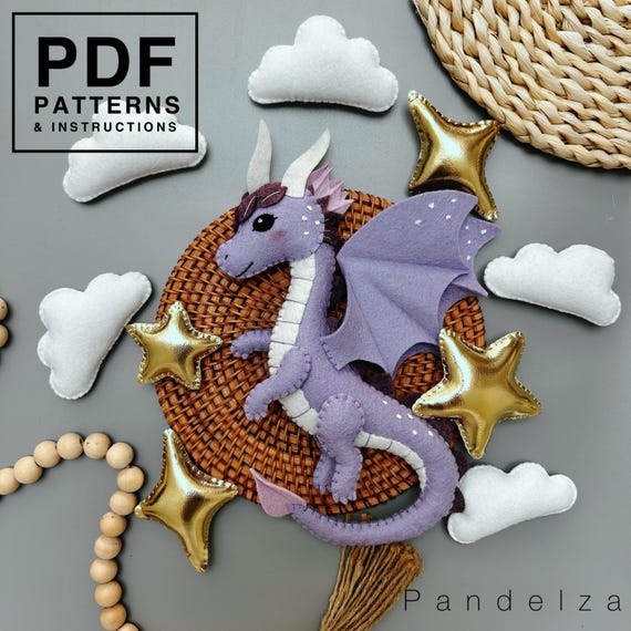 Dragon set PDF Patterns, star cloud included. DIY felt toys, baby mobile, nursery decor. Animal pattern. Dragon plush pattern. Stuffed toy.