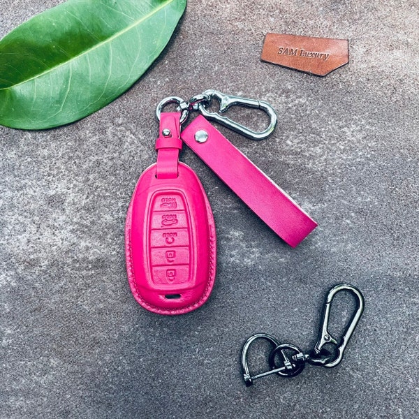 For 2022 2023 Fit For Palisade Elantra Santa Fe Key Fob Cove Case Leather Keychain Smart Remote Holder Keyless Lanyard Stamping Name Phone