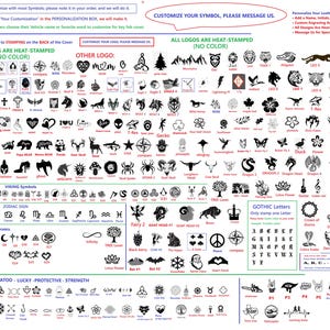 Op de afbeelding: Een uitgebreide catalogus van zwarte, hittebestendige symbolen, logo's en gotische letters voor het personaliseren van leren sleutelhangers. Het raster toont diverse iconen, waaronder dieren, sterrenbeelden en natuurmotieven met instructies.