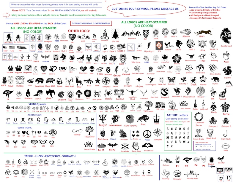 Op de afbeelding: Een uitgebreide catalogus van zwarte, hittebestendige symbolen, logo's en gotische letters voor het personaliseren van leren sleutelhangers. Het raster toont diverse iconen, waaronder dieren, sterrenbeelden en natuurmotieven met instructies.