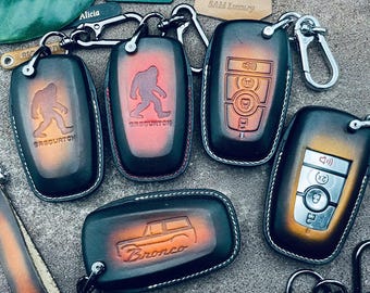 Key Fob Cover Case Leather For Bronco Sport sasquatch bucking bronco 2024 2025 Keyring Keychain Keyless Remote Holder Custom Men Women