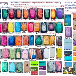 May include: A collection of leather car key fob covers in various colours and finishes, including patina, solid, and patterned designs. The image displays multiple rows of rectangular and shaped cases with button icons, accompanied by text labels for each colour.