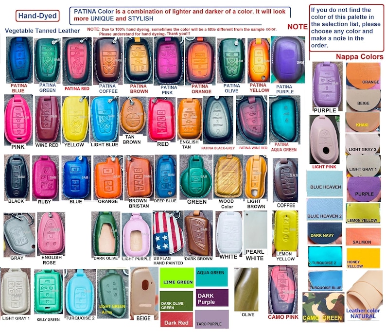 Op de afbeelding: Een collectie van plantaardig gelooide lederen sleutelhoezen in diverse kleuren en afwerkingen, waaronder patina, effen en patronen. De afbeelding toont meerdere rijen rechthoekige hoesjes met knoppictogrammen en bijbehorende tekstlabels.