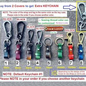 May include: Eight metal keychains with leather straps in various colours including black, red, green, and blue. The hardware finishes include silver, black, and golden tones. A brown leather tag labelled SAM Luxury is included with the set.