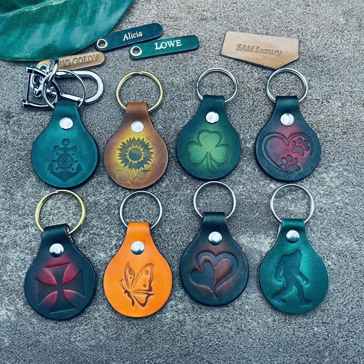 No.119刻印ෆ‪デザインチャームෆ‪ Shamrock Dog Lover Sunfower Heart Dragonfly Keychain Leather Tag