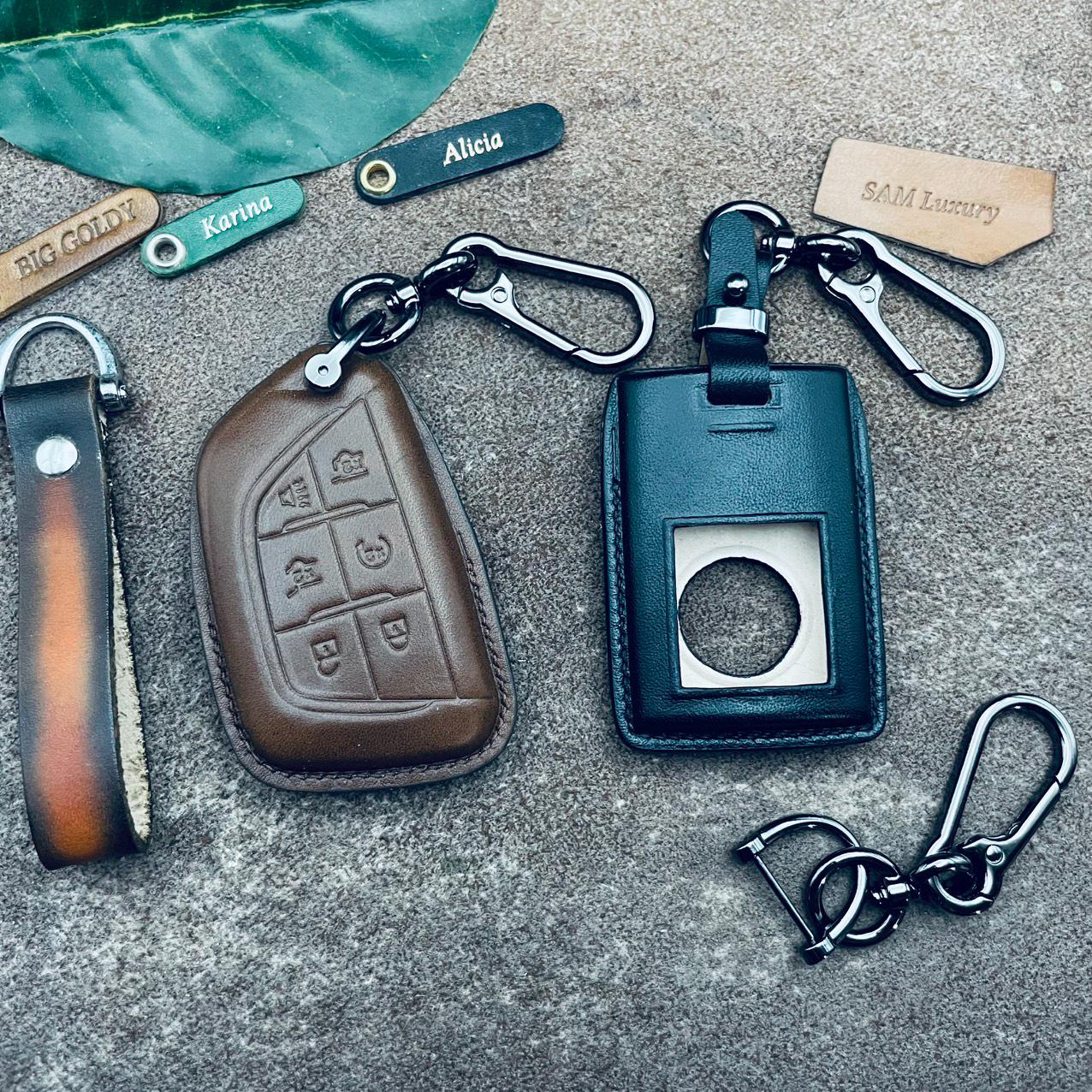 Hontumax Genuine Leather Key Fob Cover Case 6 Button For Cadillac CT4 CT5 Escalade