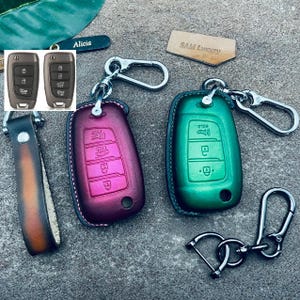 For Flip Key Sonata Elantra Solaris Tucson Kona Accent Palisade Santa Fe Flip Key Fob Cover Case Leather Keyless Remote Holder Keychain