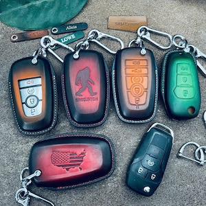 Leather Key Fob Cover Fit for Ford F Series Truck Pickup: Raptor, ranger, Maverick, F150, F250, F350 Limited Lariat Tremor Case Keychain