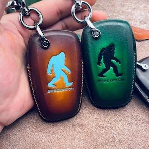 Custom Sasquatch Bigfoot Color Bronco Horse Pony Sasquatch Key Fob Cover Case Leather 2023 Bronco Keyless Holder Keychain Painting Drawing