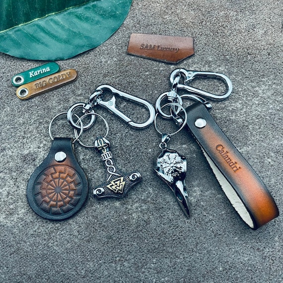 Leather Keychain Attach Viking Nordic Norse Axe Runes Thor Hammer Cross Lanyard Strap Cord Wristlet Hook Key fob Anti Lost Name Phone Custom