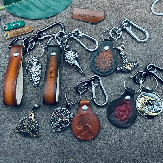 Leather Keychain Lanyard Attach Viking Nordic Norse Axe Runes Thor Hammer Cross Strap Cord Wristlet Hook Key fob Anti Lost Name Phone Custom