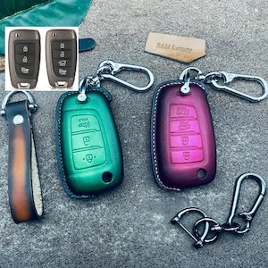 For Flip Key Tucson Elantra Sonata Solaris Kona Accent Palisade Venue Santa Fe Leather Key Fob Cover Case Keyless Remote Holder Keychain