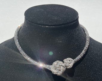 The ROSES Choker, Crystal Rhinestone Rose Necklace, Necklace with Rose, Rosebud Necklace, Flower Choker Necklace, Knotted Choker