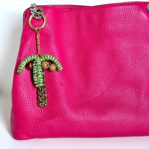Handwoven Palm Tree Bag Charm: Rhinestone Coconut Accent