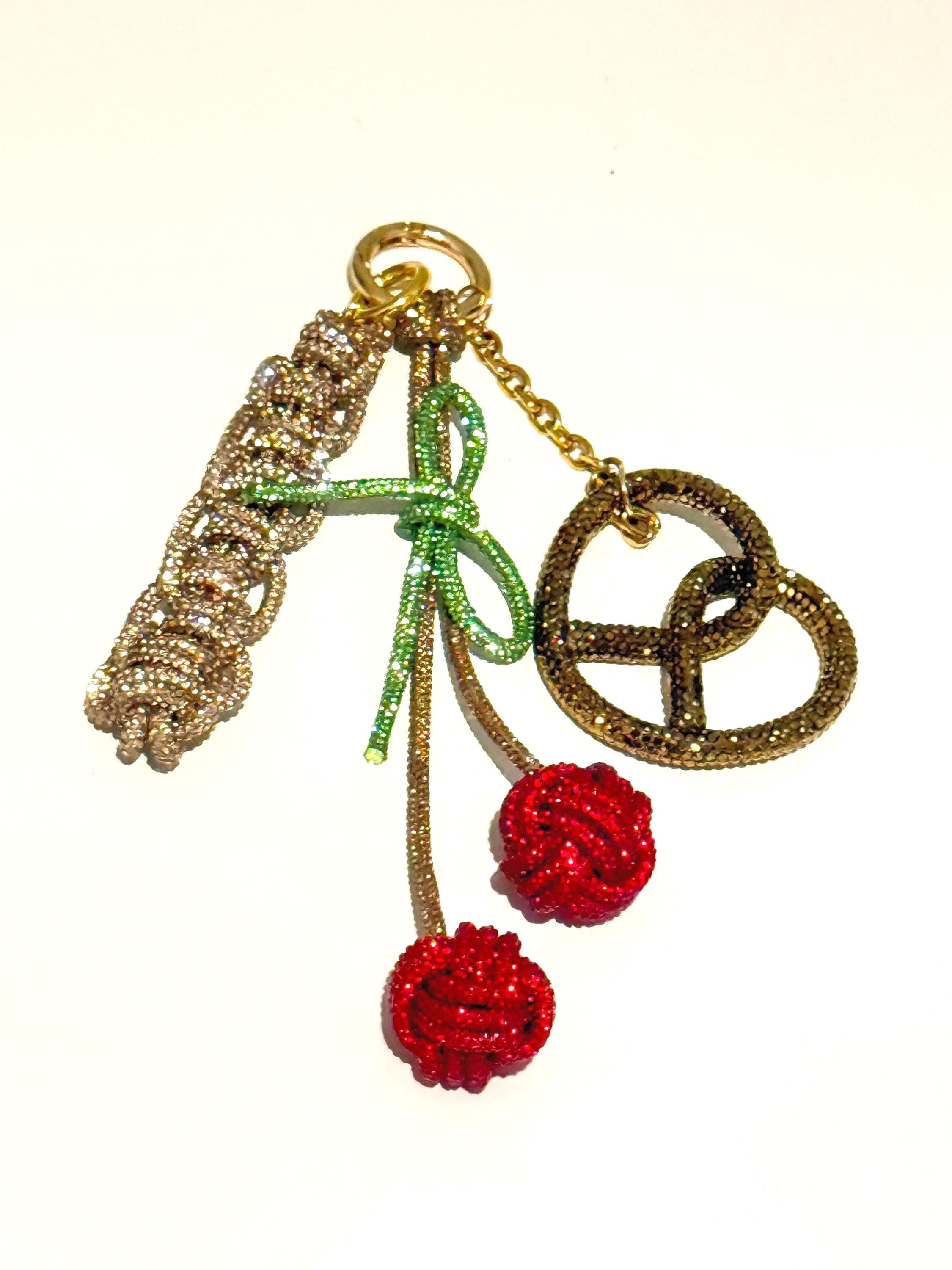CHERRY BAG CHARM, Crystal Rhinestone Cherry Bag Charm, Pretzel Bag Charm, Sparkly Bag Charm, Unique gift