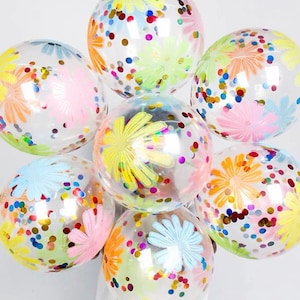 Flower Print Confetti Balloons, Transparent Multicolor Confetti Balloons, Color Party Balloons, Rainbow Confetti, Floral Colorful Confetti