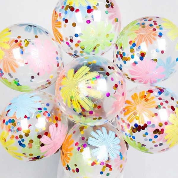 Flower Print Confetti Balloons, Transparent Multicolor Confetti Balloons, Color Party Balloons, Rainbow Confetti, Floral Colorful Confetti