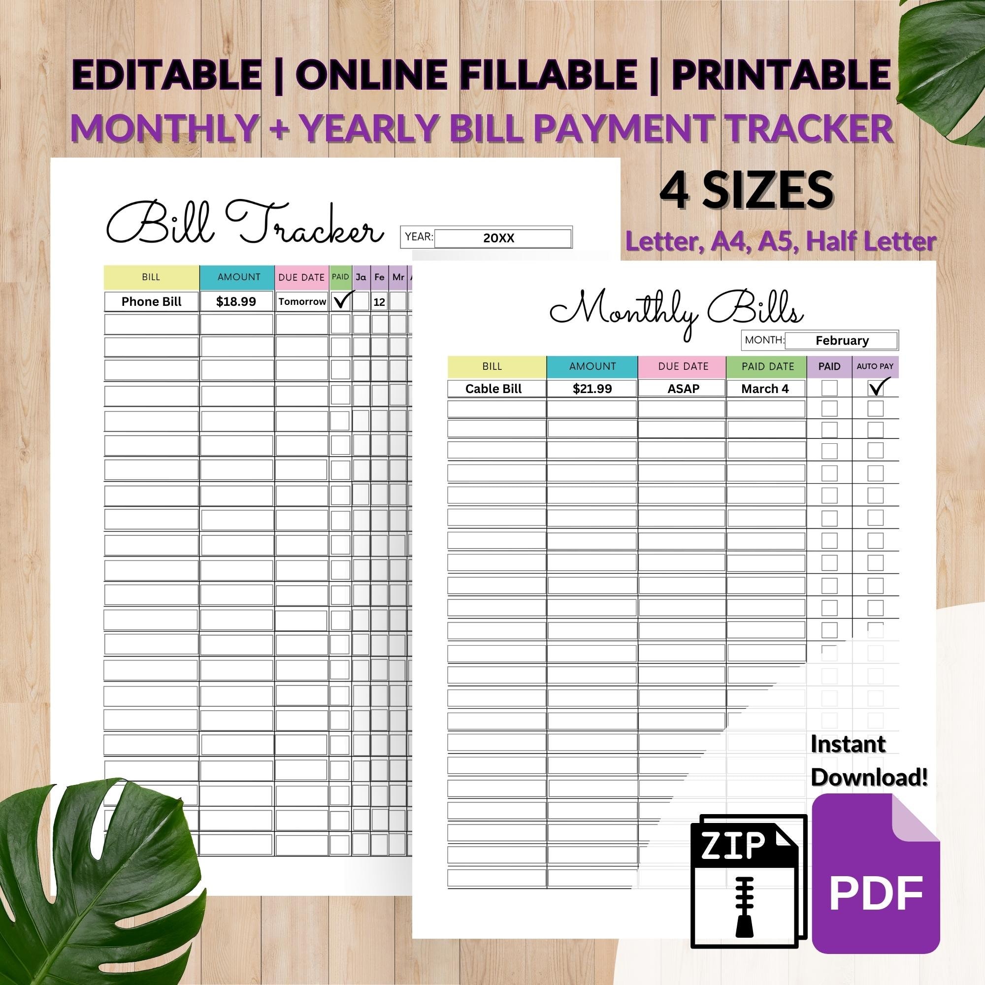 Editable Annual Budget Monthly Bill Tracker Fillable Bill Calendar ...