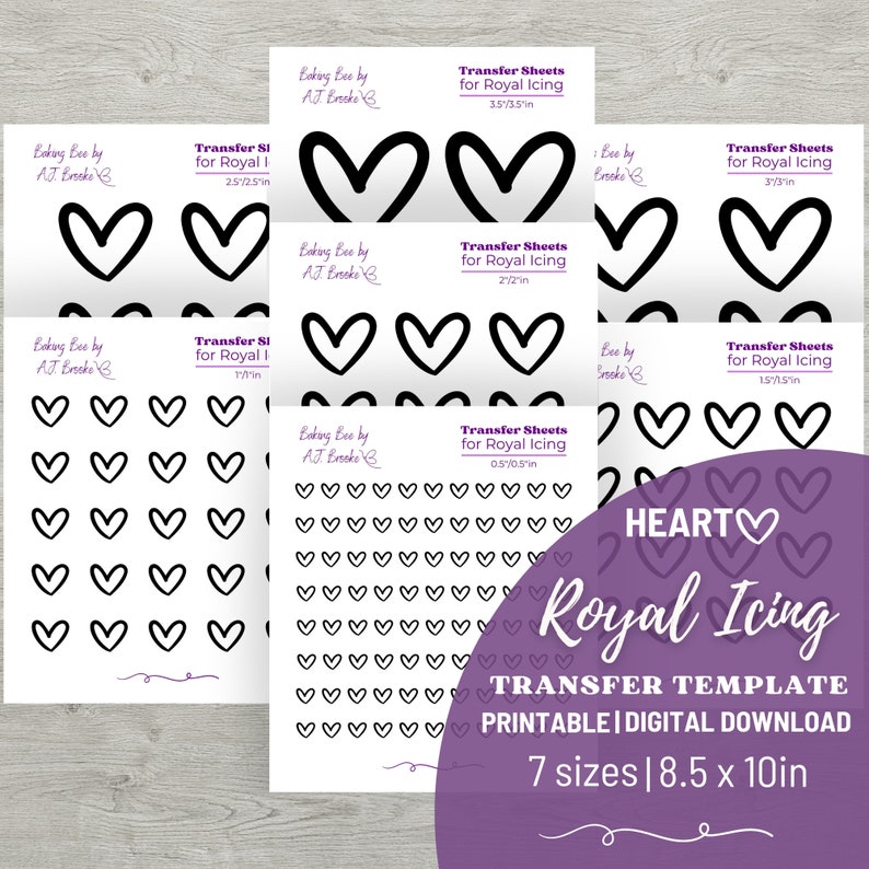 May include: Printable transfer sheets for royal icing featuring a heart design in seven different sizes. The sheets are 8.5 inches by 10 inches and are perfect for decorating cakes, cookies, and other treats.