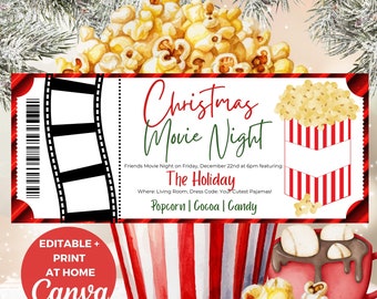 Puede incluir: Plantilla de invitación editable para una noche de cine navideña con fondo a rayas rojo y blanco. El texto dice "Noche de cine navideña" con una tira de película y una ilustración de palomitas de maíz. El texto también incluye "Noche de cine de amigos el viernes 22 de diciembre a las 6 pm con: The Holiday. Dónde: Sala de estar, Código de vestimenta: Tus pijamas más lindos! Palomitas de maíz | Cacao | Caramelos."