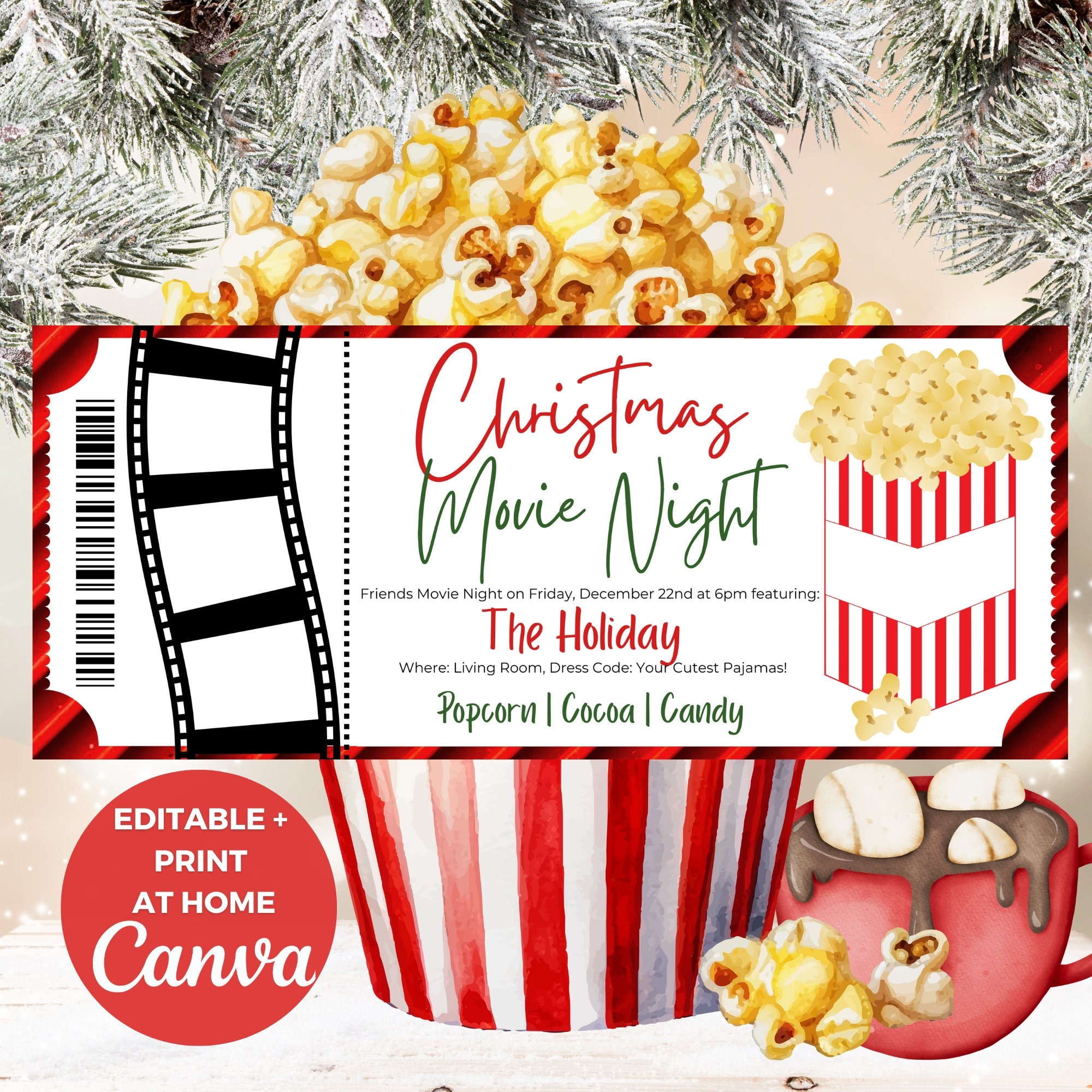 Christmas Movie Night Printable Editable Movie Night Invitation DIY ...