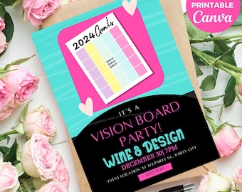 Peut inclure: Une invitation imprimable rose et noire pour une fête de vision board. L'invitation présente un modèle de vision board rose et bleu avec le texte "2024 Goals" et les mots "It's a Vision Board Party! Wine & Design December 30| 7PM Event Location at 123 Party St., Party City RSVP Now"