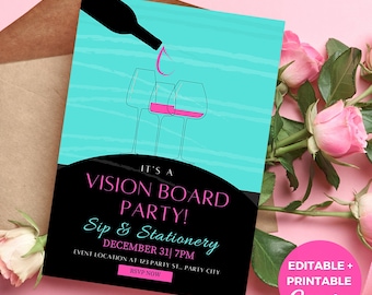 May include: A turquoise and black invitation with a graphic of wine glasses and a bottle pouring wine. The text reads "It's a Vision Board Party! Sip & Stationery December 31| 7PM Event Location at 123 Party St., Party City RSVP Now".