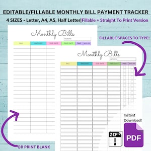 Editable Monthly Bill Tracker Printable Bill Calendar Monthly Planner Budget Planner Sheets Fillable Budget Tracker Bill Tracker Sheet Print