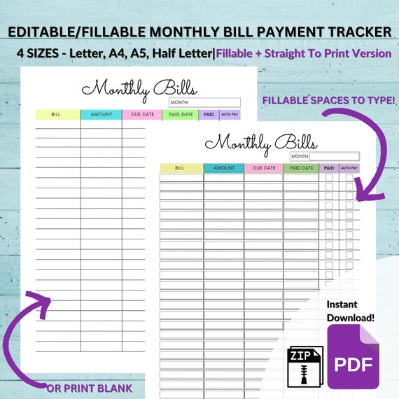 Editable Monthly Bill Tracker Printable Bill Calendar Monthly Planner Budget Planner Sheets Fillable Budget Tracker Bill Tracker Sheet Print