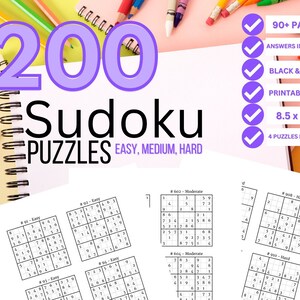 Puede incluir: Un conjunto de 200 rompecabezas de Sudoku impresos en blanco y negro en m&aacute;s de 90 p&aacute;ginas. Los rompecabezas se dividen en tres niveles de dificultad: f&aacute;cil, medio y dif&iacute;cil. Cada p&aacute;gina contiene cuatro rompecabezas, y los rompecabezas miden 21,6 cm por 27,9 cm. Los rompecabezas est&aacute;n impresos en un fondo blanco con n&uacute;meros negros.
