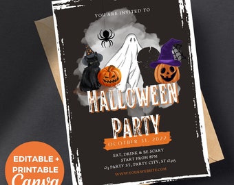 May include: A Halloween party invitation with a black cat, ghost, and witch's hat with pumpkins. The text reads "You are invited to Halloween Party October 31, 2022 Eat, Drink & Be Scary Start from 8PM 123 Party St., Party City, ST 12345 WWW.YOURWEBSITE.COM"