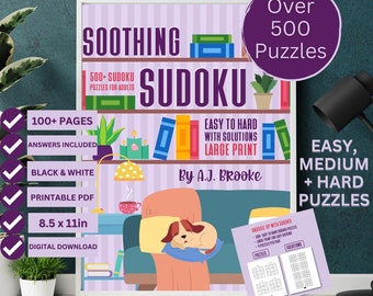大人のための数独パズル 印刷可能なPDF、150ページ以上、解答シート付き、大人向けパズル | 簡単/中級/難しい数独パズル | 500以上のパズル、