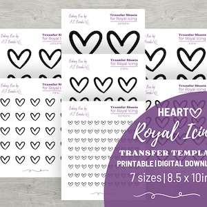 May include: Printable transfer sheets for royal icing featuring seven sizes of heart designs. The sheets are 8.5 inches by 10 inches and are perfect for decorating cakes, cookies, and other treats.