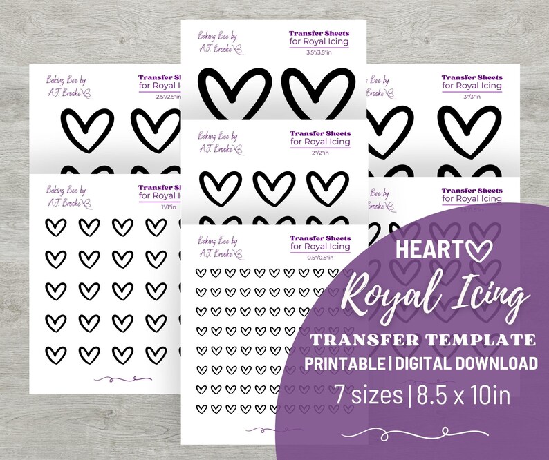 May include: Printable transfer sheets for royal icing featuring seven sizes of heart designs. The sheets are 8.5 inches by 10 inches and are perfect for decorating cakes, cookies, and other treats.