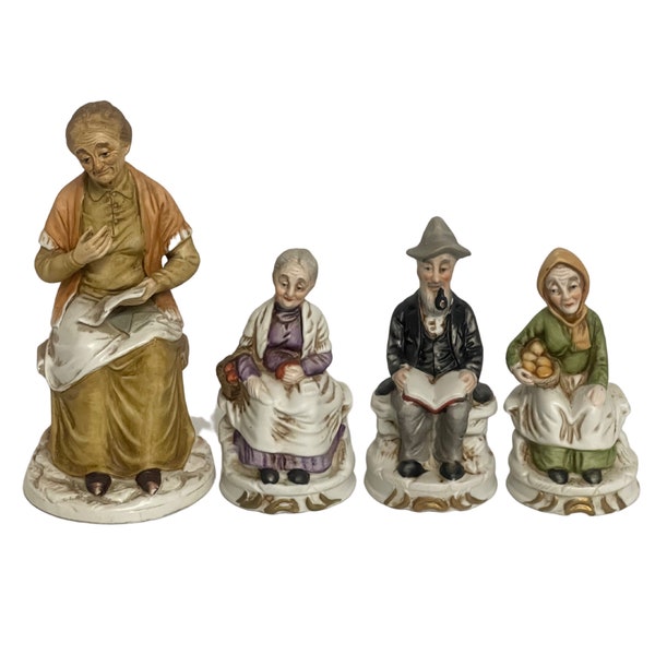 Ceramic porcelain elderly man and women on benches Figurine