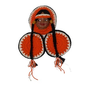 Vintage Crochet Pot Holders With Indian Girl Face Hand Made 1970&#39;s Wall Hanging