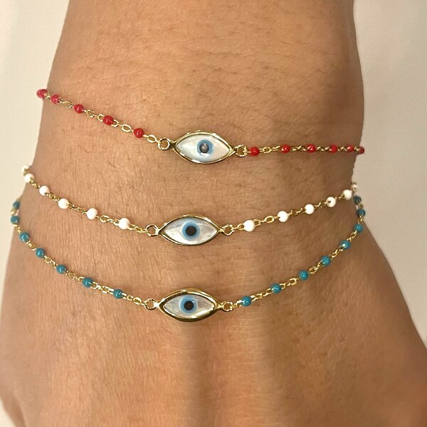 Evil Eye Beaded Bracelet, Evil Eye Protection Bracelet, Dainty Sterling Silver Gold Plated Bracelet, Evil Eye Adjustable 7” Charm Bracelet